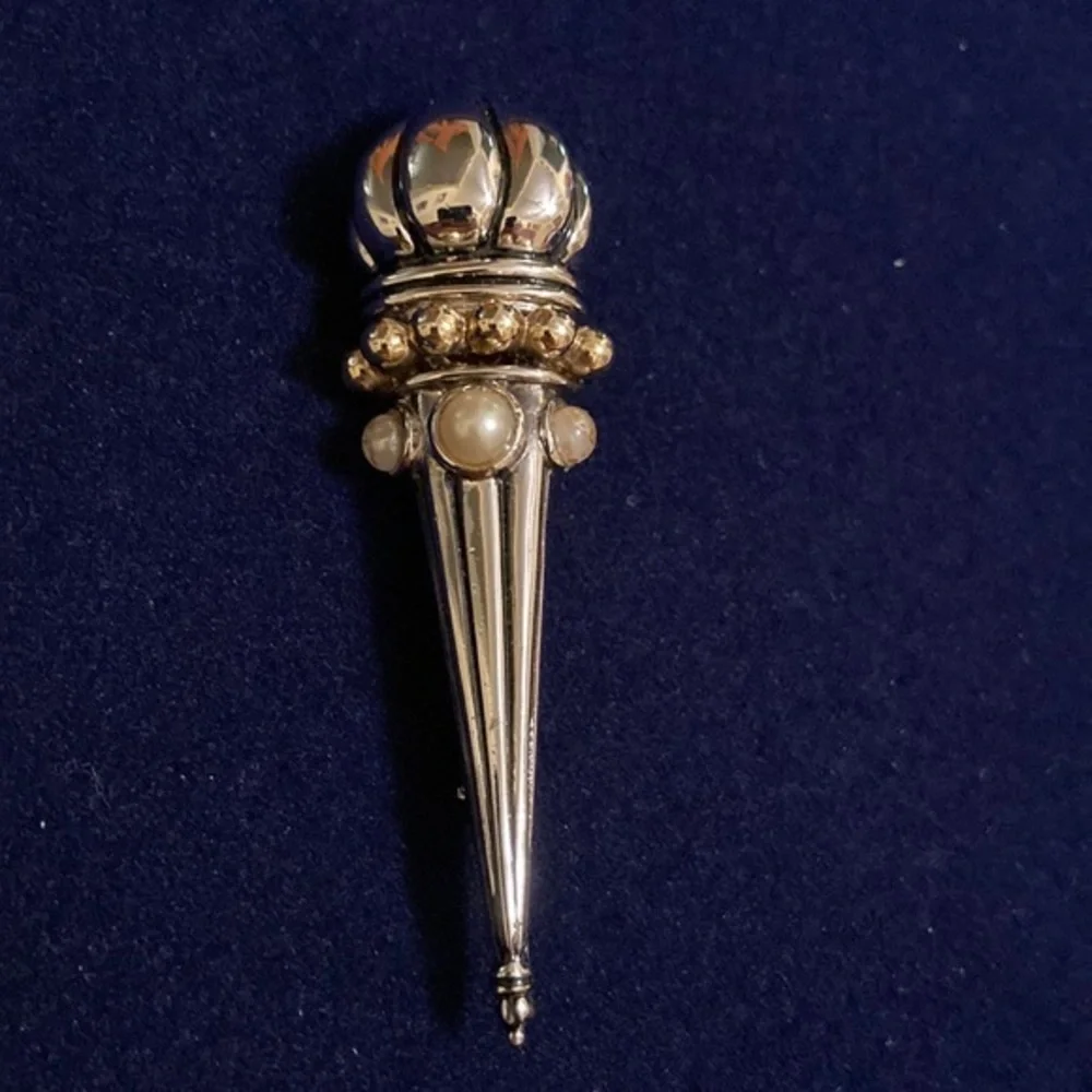 Silver and gold tone scepter or torch  brooch with faux pearls